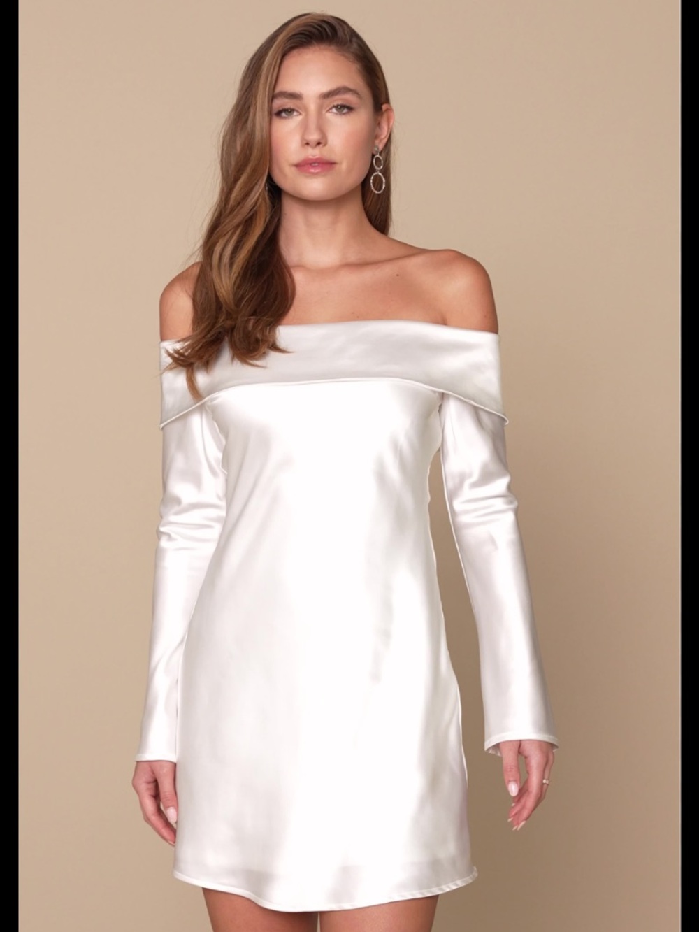 Lulus Luxurious Vision White Satin Off-the-Shoulder Mini Dress Bridal Wedding L